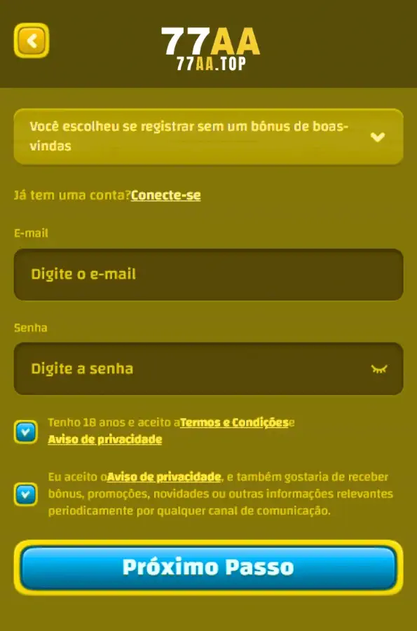 Tela de cadastro no 77AA cassino